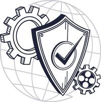 shield with check mark gear and globe symbol of protection security system setting vector