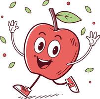 happy cartoon apple character running with smile and leaves around on white background vector