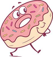 funny walking donut with pink frosting and colorful sprinkles looking surprised vector