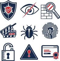 cyber security icons set with bug fingerprint firewall password and alert symbol pack vector