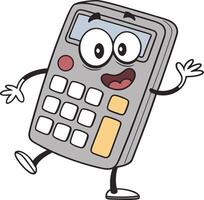 fun cartoon calculator character smiling and walking with happy expression and eyes vector