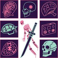 futuristic skeleton robot with sword and skulls brains and science fiction elements vector