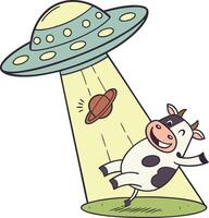 funny cow flying in ufo spaceship with beam light and planet in space cartoon style vector