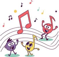 happy music notes dancing on staff line with joyful faces and colorful melody fun vector