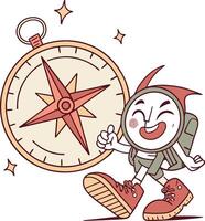 happy cartoon compass character walking with backpack and shoes exploring map vector