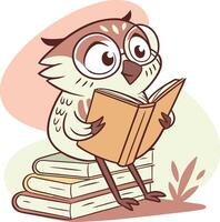 cute owl with glasses reading book while sitting on stack of books cartoon style vector