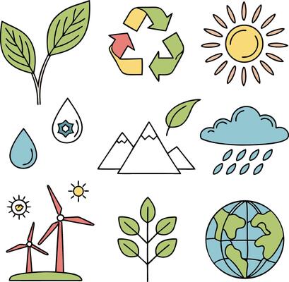 eco friendly environment icons with earth leaf sun water recycle wind and nature symbol