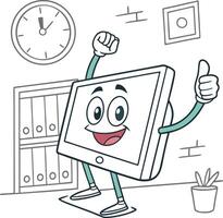happy cartoon computer character in office with smiling face and positive gesture vector