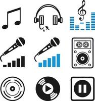 music icons collection with microphone speaker headphone note and audio control set vector