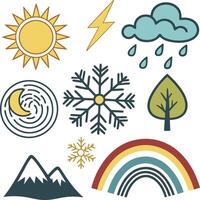 weather icons sun moon cloud snowflake rainbow tree and mountain elements set vector