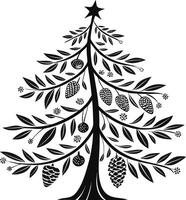 christmas tree with pinecones and ornaments in black and white festive style design vector