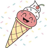 cute smiling ice cream cone with cherry and sprinkles in pastel background for kids vector
