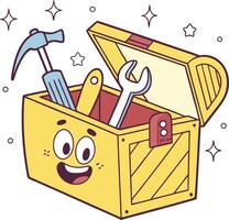 cute happy toolbox with face and tools like hammer wrench and ruler cartoon style vector
