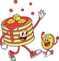 happy pancake stack with syrup and butter walking with joyful coin food character vector