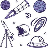 space objects including telescope helmet planet rocket and stars on white background vector