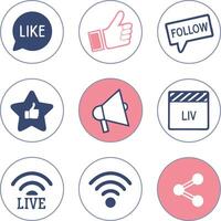 social media icons set with like follow live share wifi and communication symbols vector