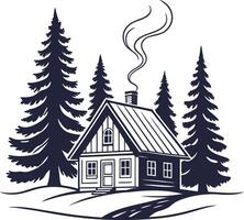 cabin in forest with smoke from chimney and pine trees in winter countryside scene vector
