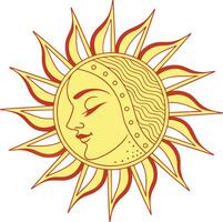 sun face art with decorative rays and serene expression in warm yellow tones vector