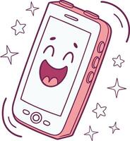 cute happy smartphone character with smiling face and stars around mobile phone icon vector
