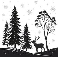winter forest scene with deer snowflakes and trees in black and white silhouette vector