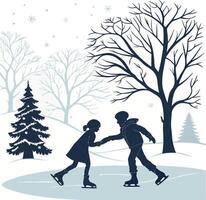 couple ice skating in winter park with snow trees and snowflakes in cold season vector