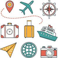travel icons set with plane suitcase ship compass camera globe and location symbol vector