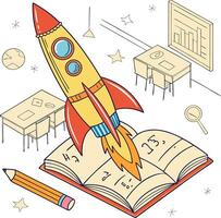 rocket launching from open book in classroom with pencil and learning elements vector