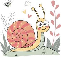 cute cartoon snail on grass with butterfly and hearts in spring garden background vector