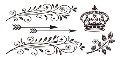 Vintage illustration set featuring ornate floral scrolls, frames, and design elements perfect for decorative borders and patterns vector