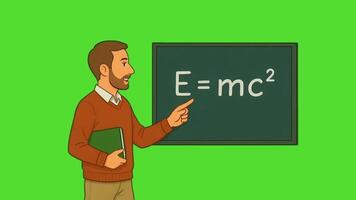 a cartoon man is standing in front of a blackboard with the formula for e video
