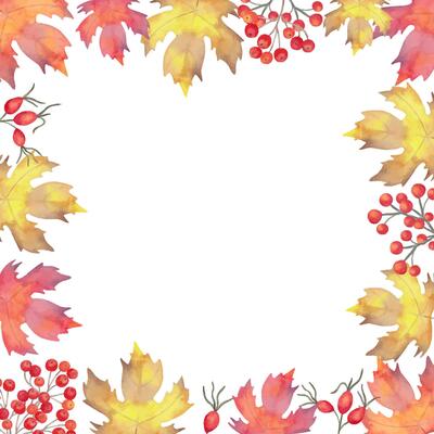 Square autumn frame of leaves with rowan berries, rose hips. Watercolor botanical illustration. Hand drawn isolated background. Banner for invitations, quotes, decorations for Thanksgiving, Halloween
