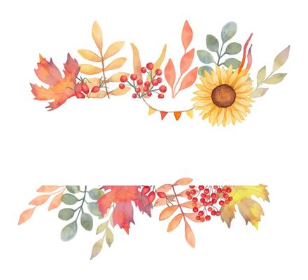 Horizontal autumn leaf frame with rowan berries, rose hips, sunflower and garland. Watercolor illustration. Hand drawn botanical art. Backdrop for invitations, Thanksgiving quotes, harvest
