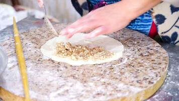 a woman prepares Turkish, Oriental, national meat pies, gutabs in the kitchen. video