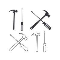 set of tool hammer and screwdriver monochrome design template vector