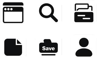 A set of black and white icons that include a magnifying glass, a folder, a file vector
