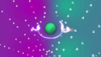 Abstract 3D Animation Glowing Energy Flow and Particle Motion Around a Green Sphere on Vibrant Gradient Background with Floating Shapes video