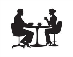 shadows of a businessman and businesswoman at a table, enjoying coffee and having a conversation, with blank text bubbles hovering over them vector