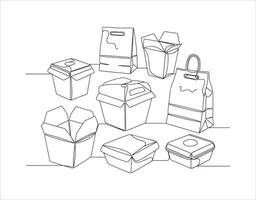 An assortment of to-go containers represented through a continuous line drawing. vector