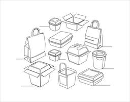 Empty cardboard boxes and bags for takeaway food depicted in a continuous line illustration. vector