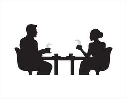 silhouettes of a business guy and a business gal sitting at a table, having coffee and chatting, with empty speech bubbles above them vector