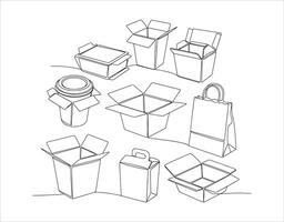 A collection of to-go containers illustrated in a continuous line drawing. vector