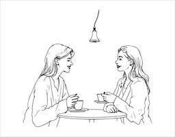 An illustration in silhouette style showing two women having a conversation at a table with coffee, beneath a light fixture. vector