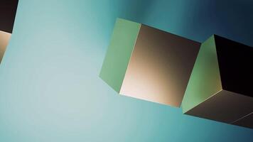 Metallic cubes rotating in synchronization on turquoise background. Design video