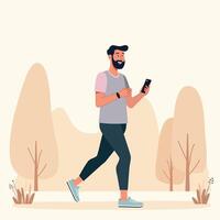 A male is doing work out with use smartphone and smartwatch at city park space vector