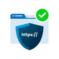 Secure website illustration. browser window with shield and HTTPS text. Concept for SSL encryption, data protection, cybersecurity, safe internet browsing. UI design, landing pages and web security vector