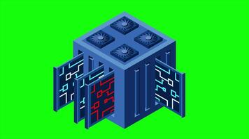 Isometric futuristic server animation. Isometric database or data center. Abstract blockchain. Computer storage. Cloud storage. 4K animated in isometric video