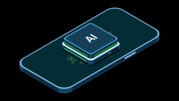 Isometric smartphone with AI animation. Artificial intelligence and smartphone concept. Smartphone with futuristic artificial intelligence processor. Transparent background with alpha channel video
