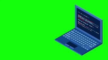 Isometric laptop animation. 3d isometric laptop computer. Abstract programming language and program code on a laptop screen. 4K animated in isometric style, video