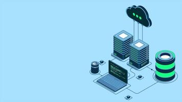 Cloud technology computing animation. Modern cloud technology. Data center isometric concept. Isometric cloud technology with datacenter. Web hosting concept. 4K animated in isometric video