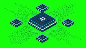 Isometric artificial intelligence chip animation. Artificial Intelligence concept. Futuristic microchip processor. Motion graphic. 4K animated in isometric video